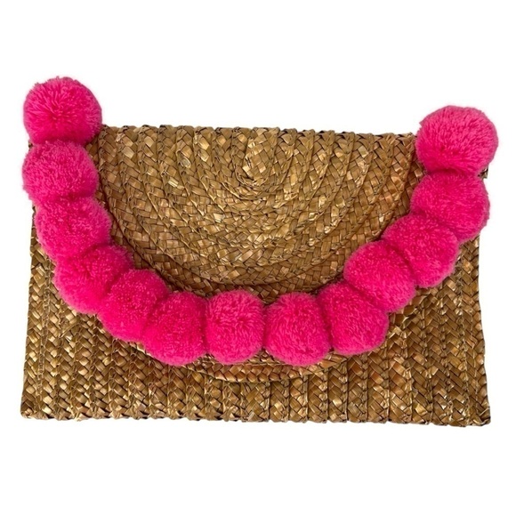 Shiraleah Womens Straw Pink Pom Pom Trim Large Clutch Handbag Beach Purse - Picture 1 of 7